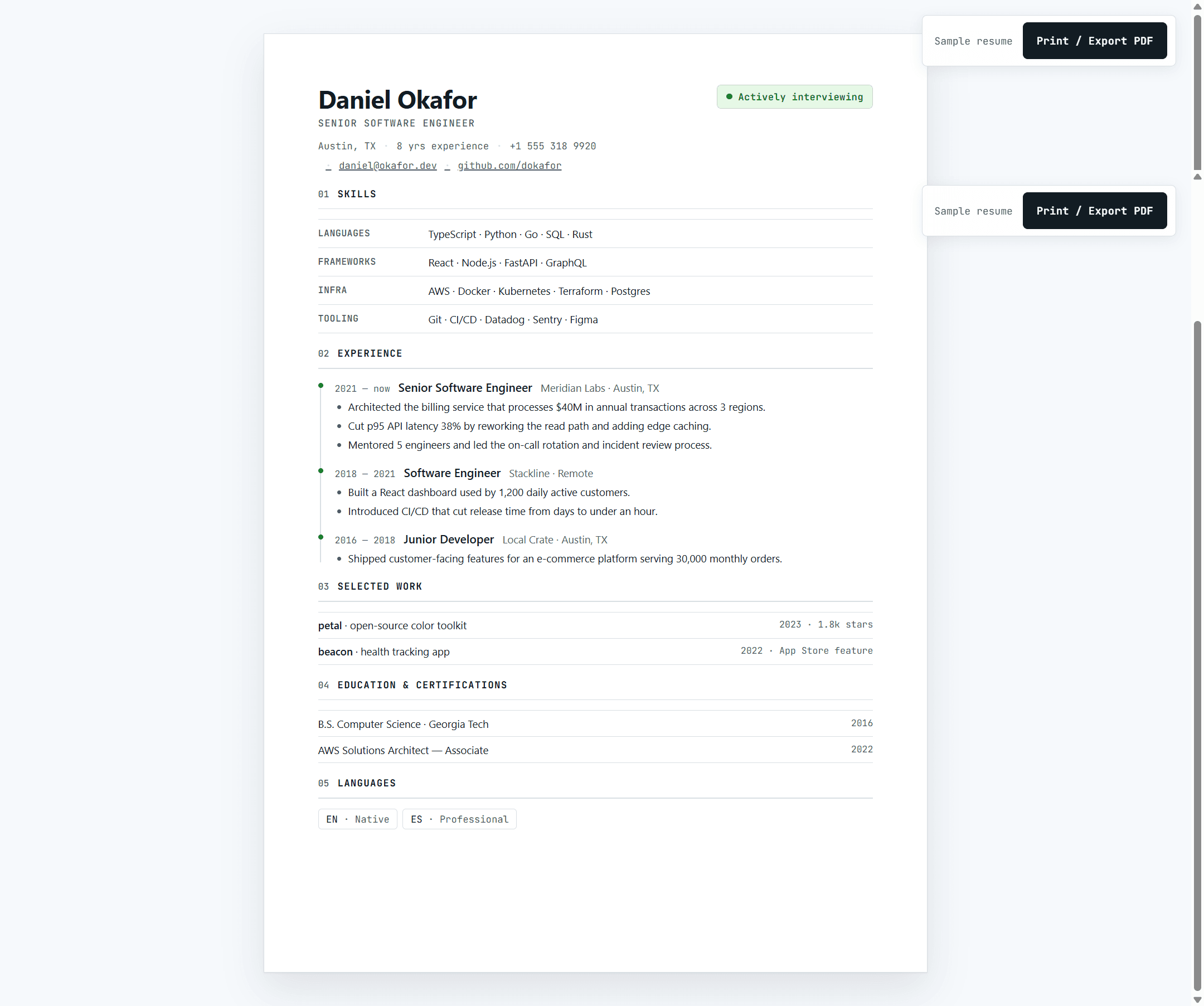 Signal Technical Resume Template — Single Column A4 CV