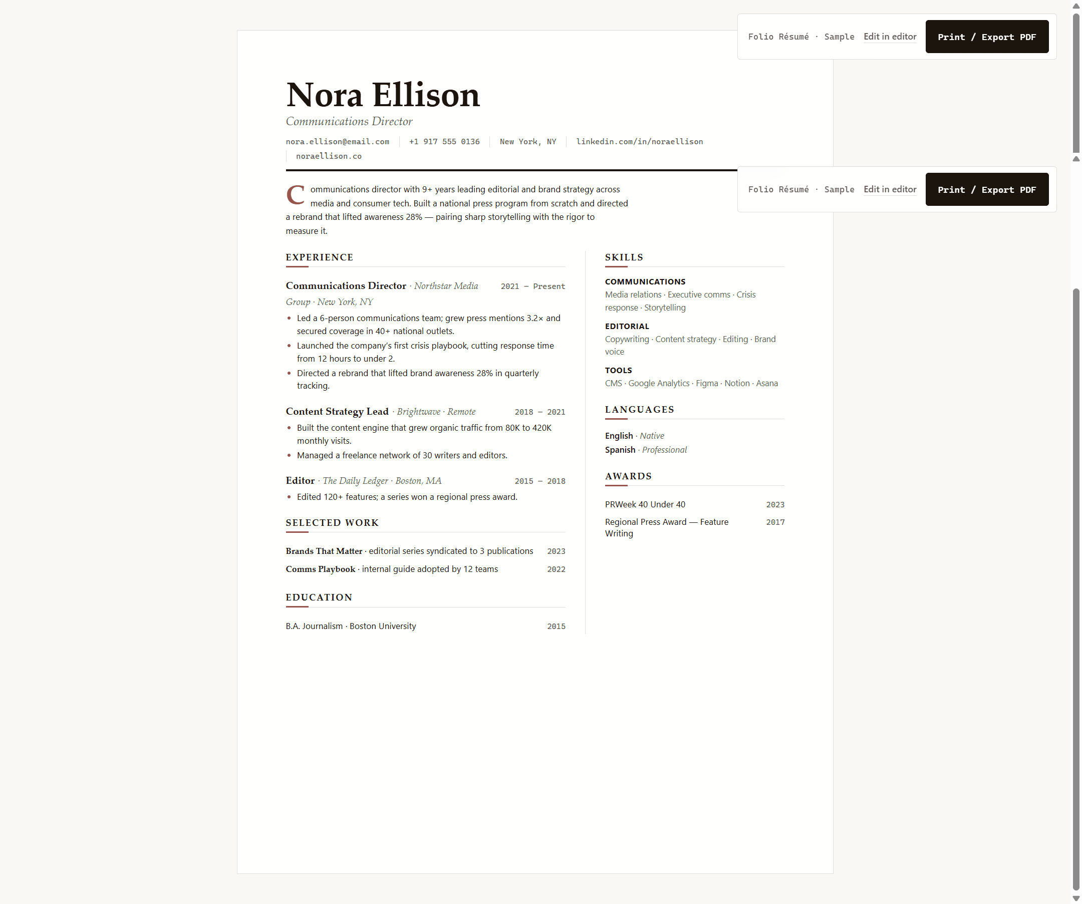 Folio Editorial Resume Template — Magazine-Style A4 CV