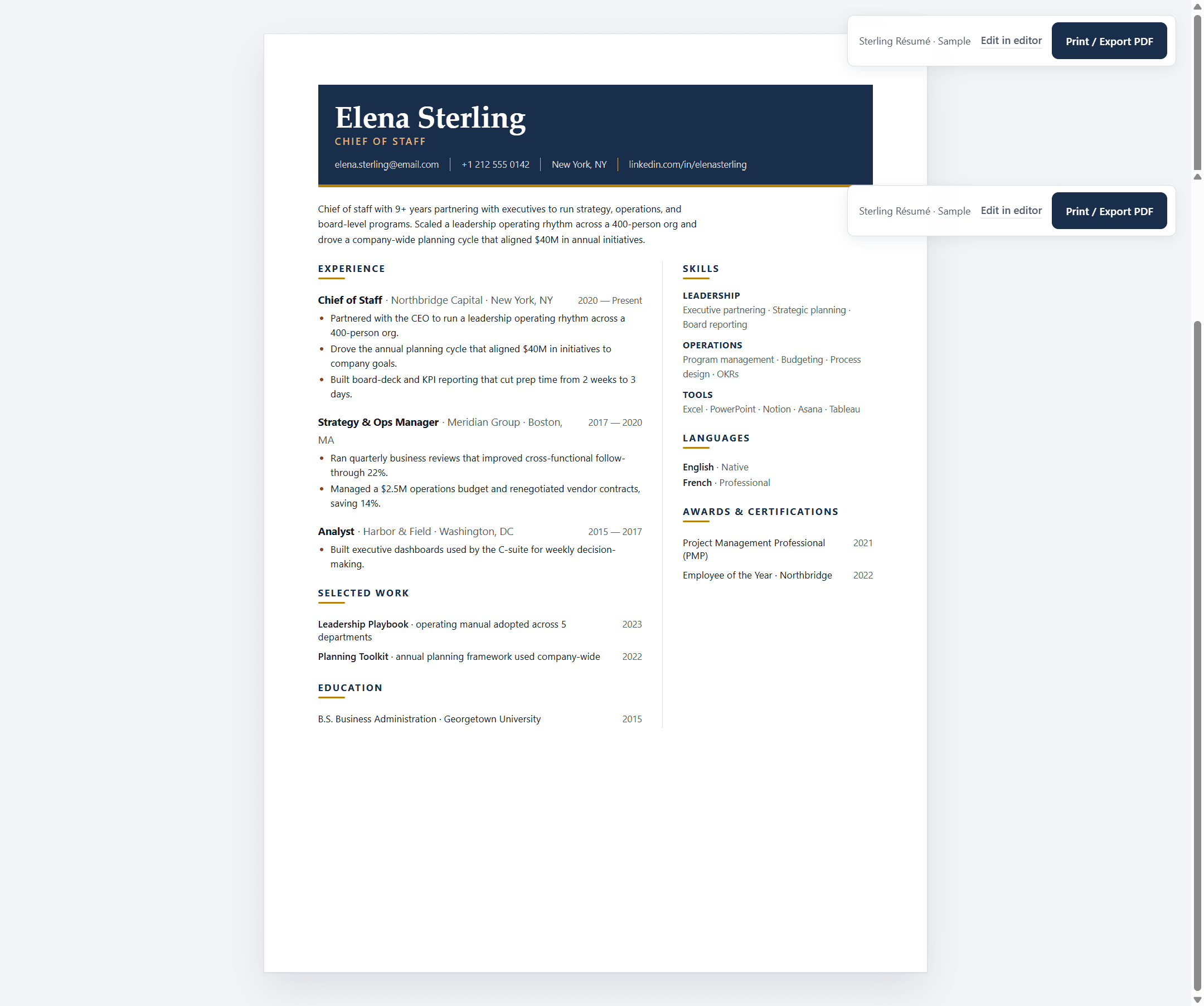 Sterling Executive Resume Template — Navy & Gold A4 CV
