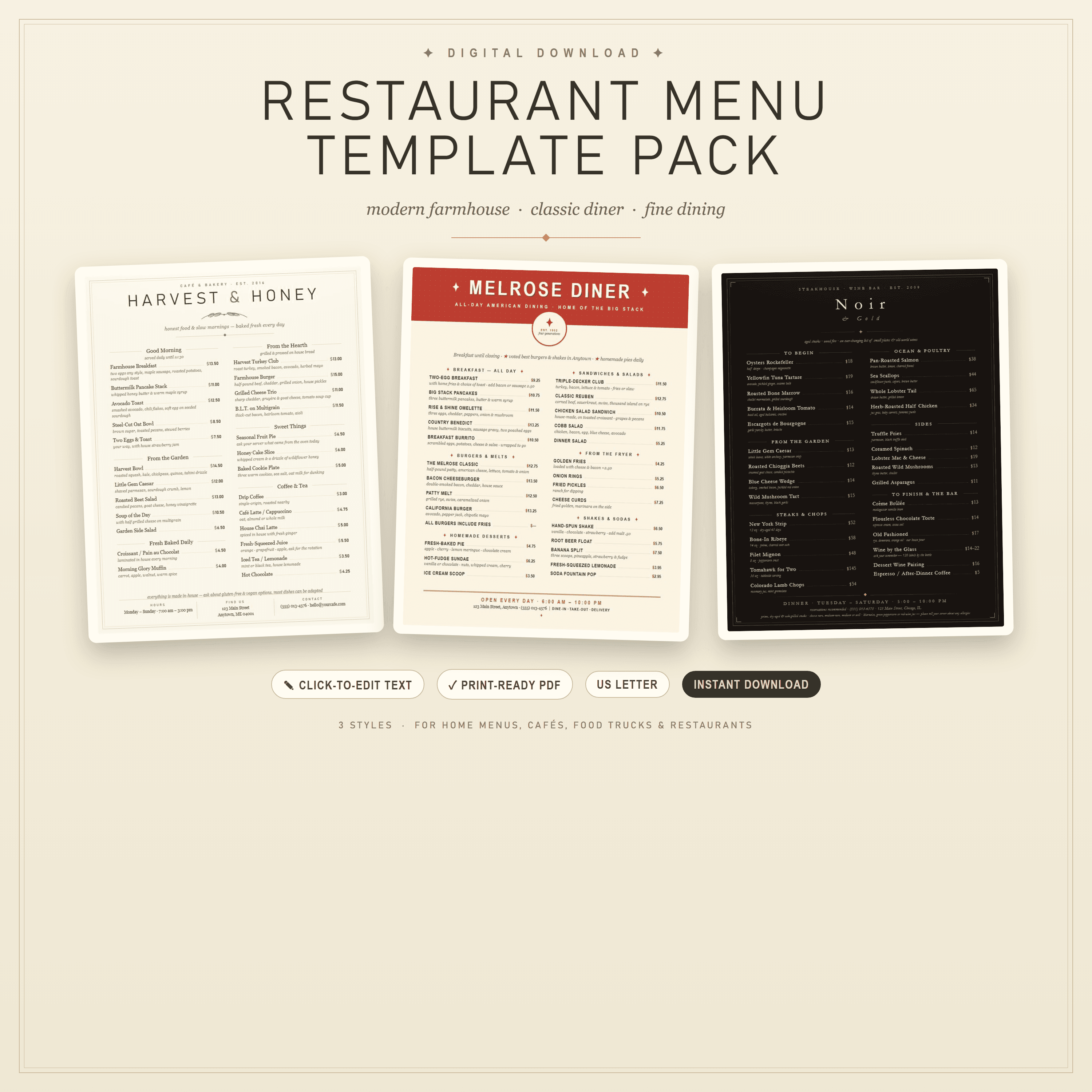 Restaurant Menu Template — 3 Editable Styles