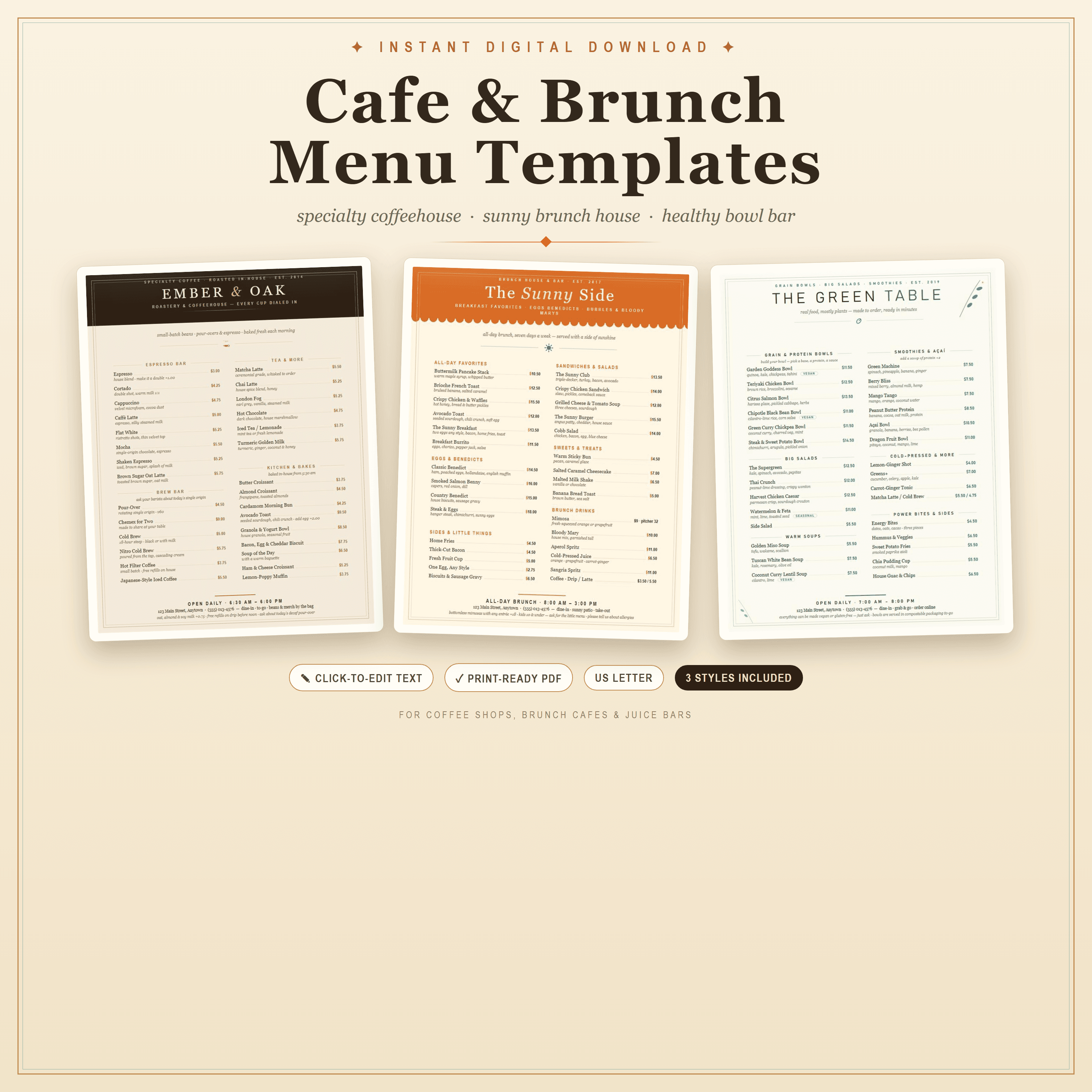 Cafe & Brunch Menu Template — 3 Editable Styles