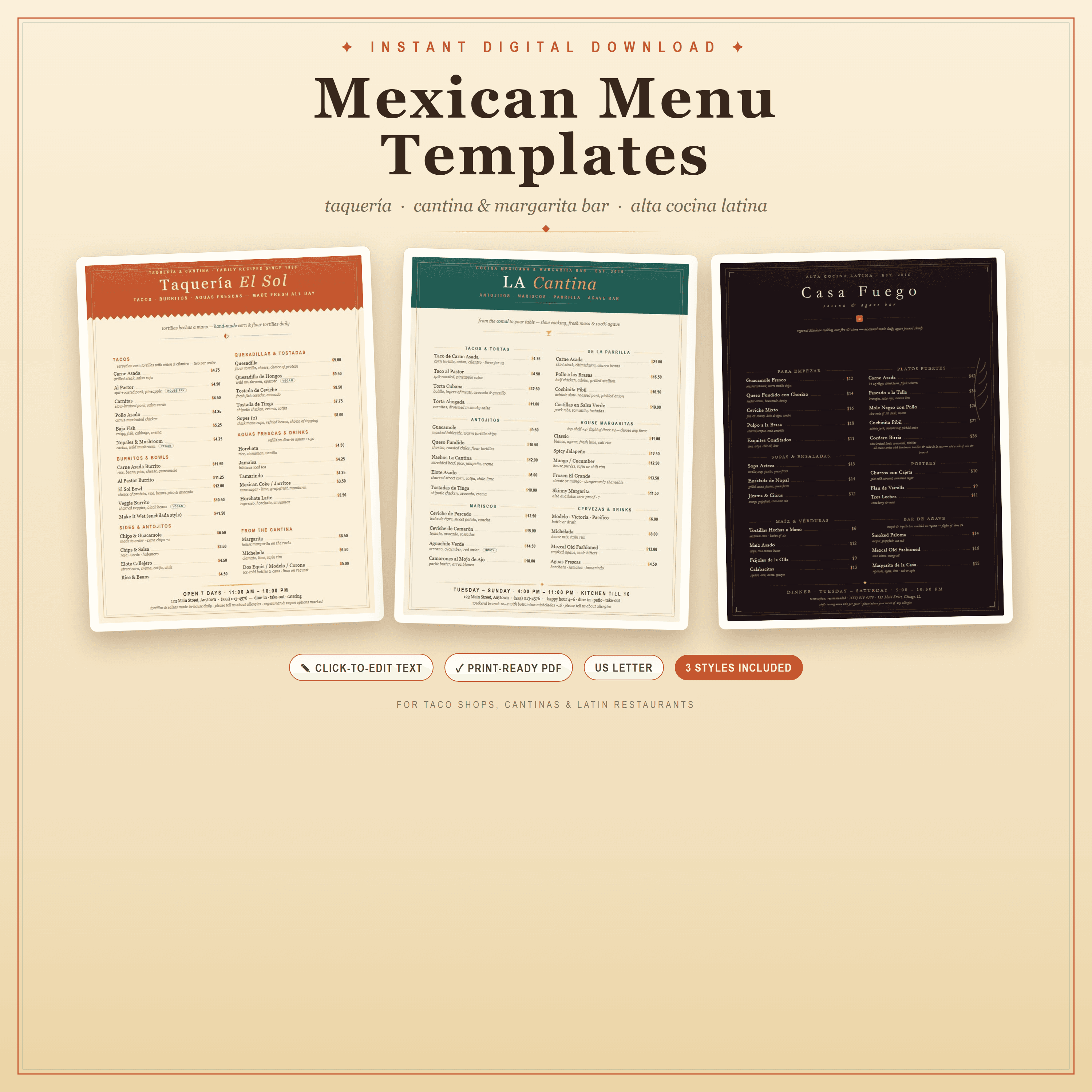 Mexican & Latin Menu Template — 3 Editable Styles