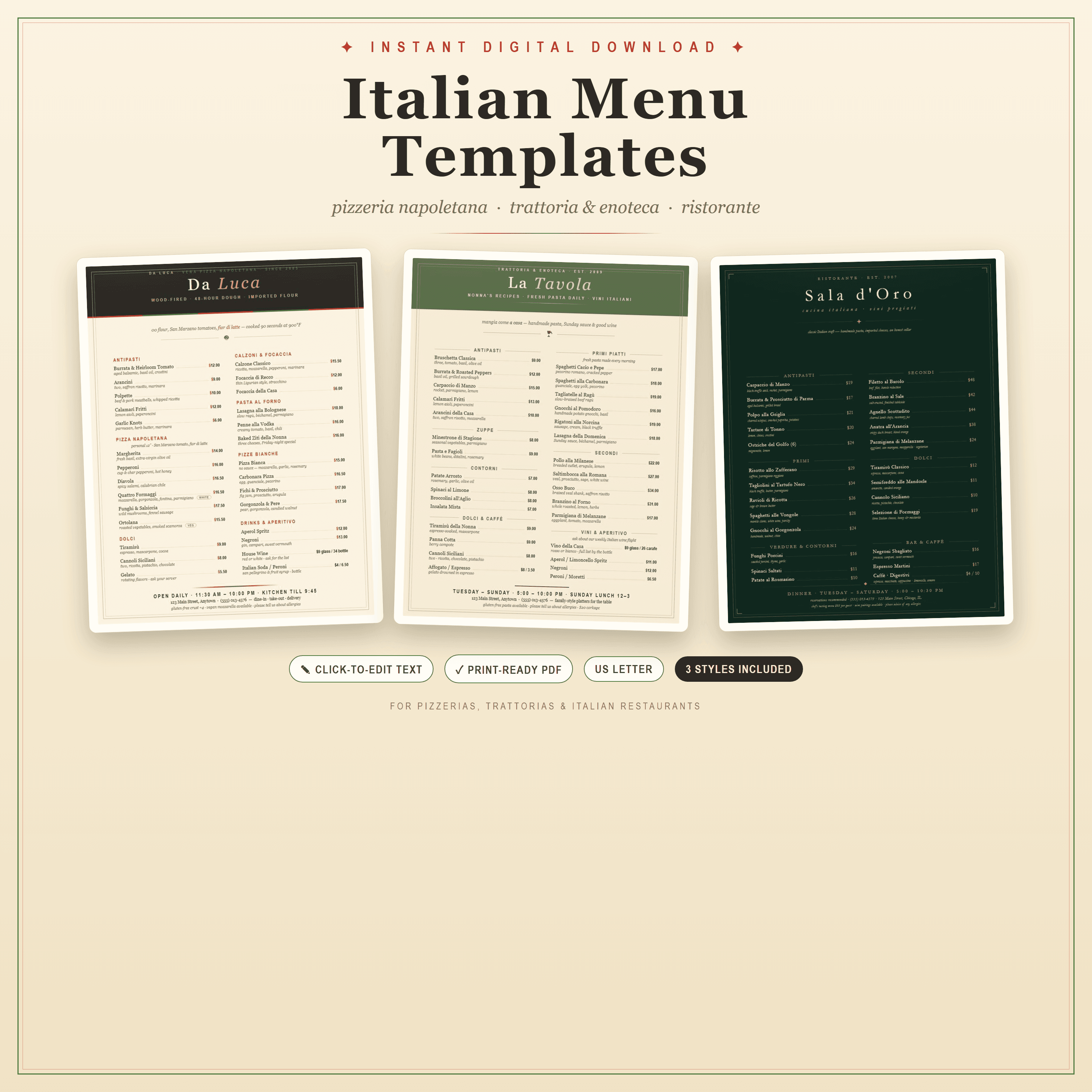 Italian Menu Template — 3 Editable Styles