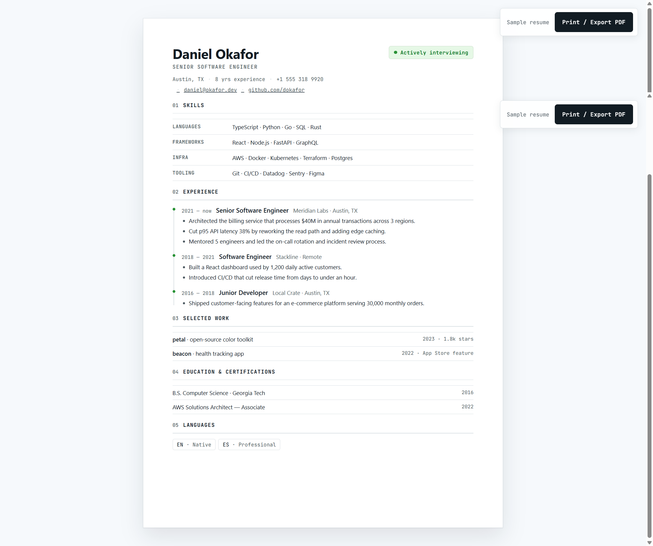 Signal Technical Resume Template — Single Column A4 CV