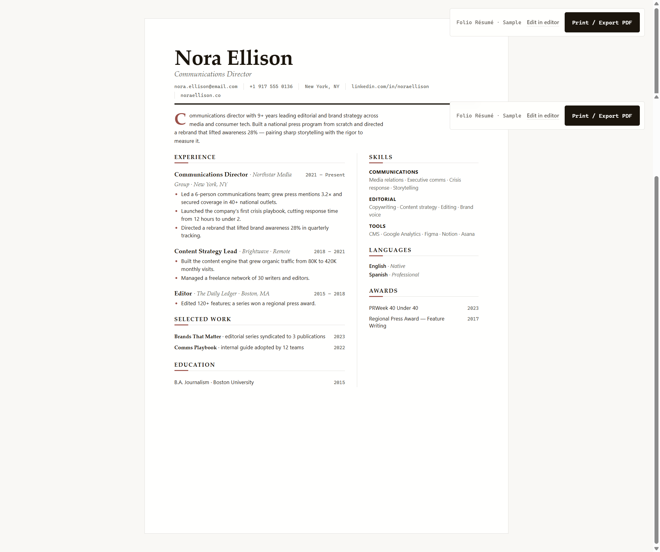Folio Editorial Resume Template — Magazine-Style A4 CV