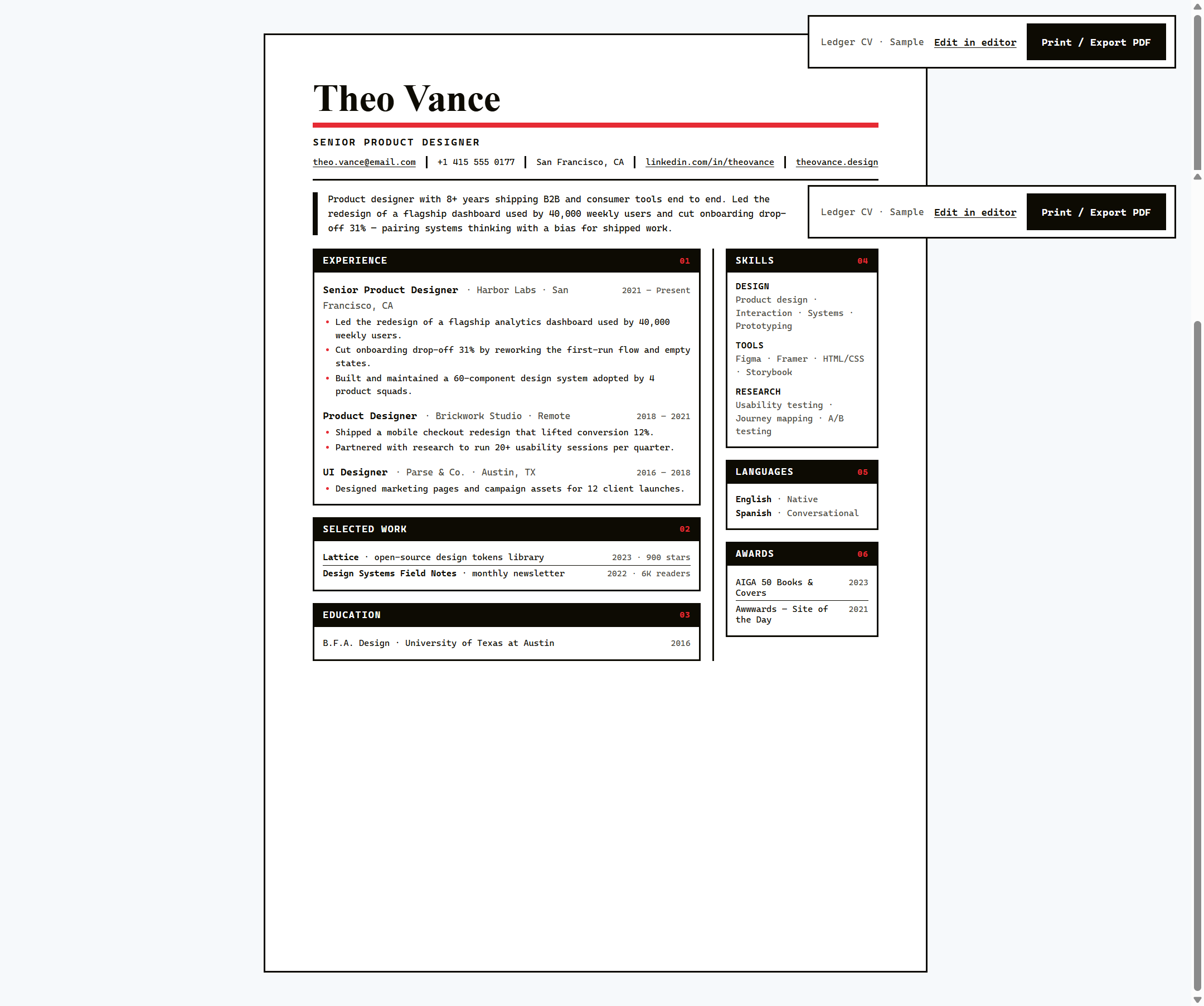 Ledger Brutalist Resume Template — Monospace A4 CV — preview 1