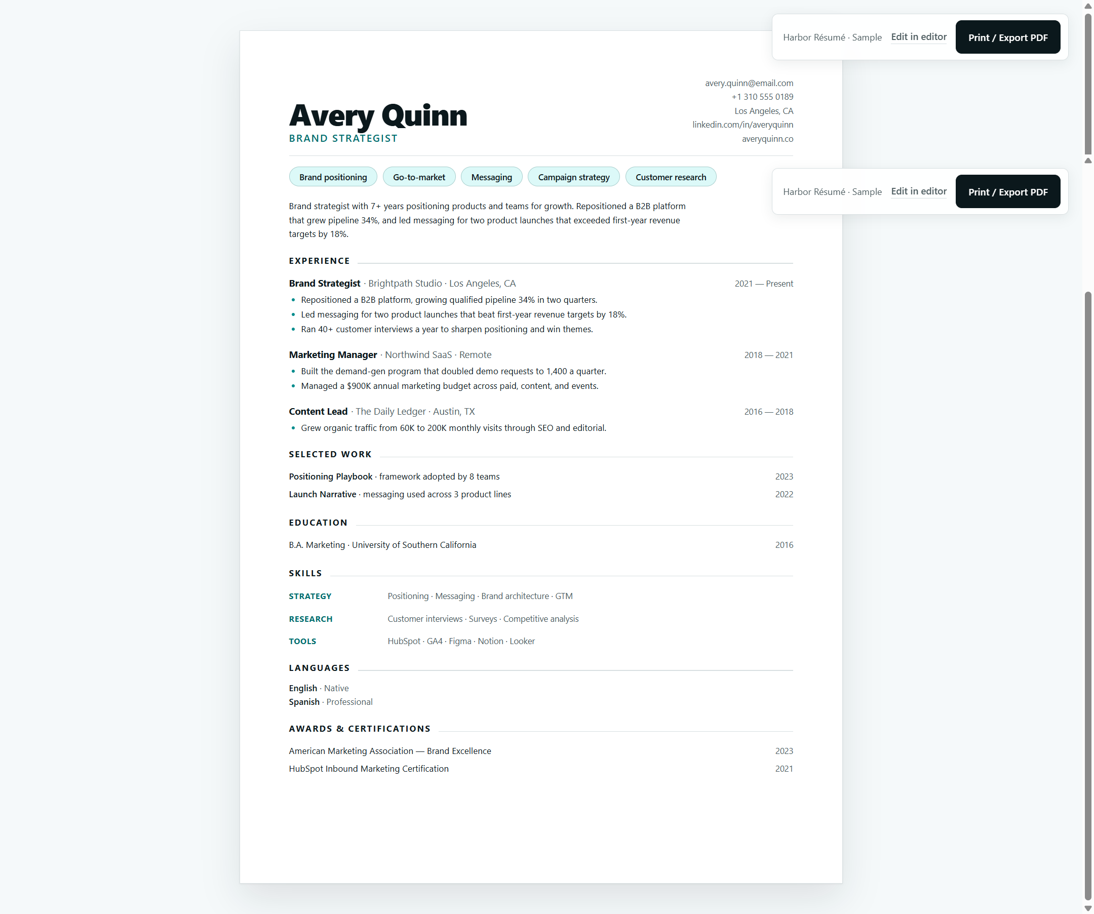 Harbor Modern Resume Template — Single Column A4 CV — preview 1