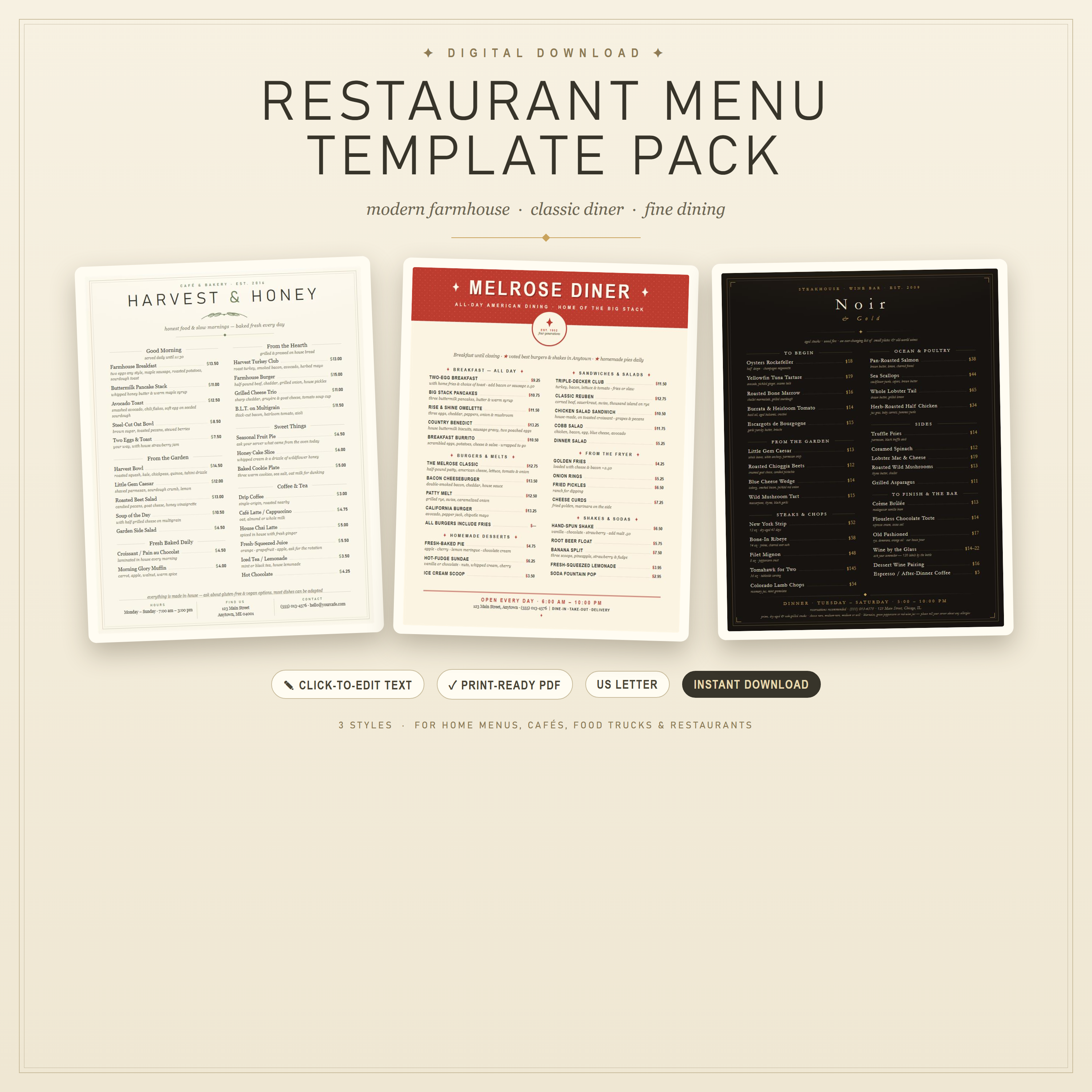 Restaurant Menu Template — 3 Editable Styles