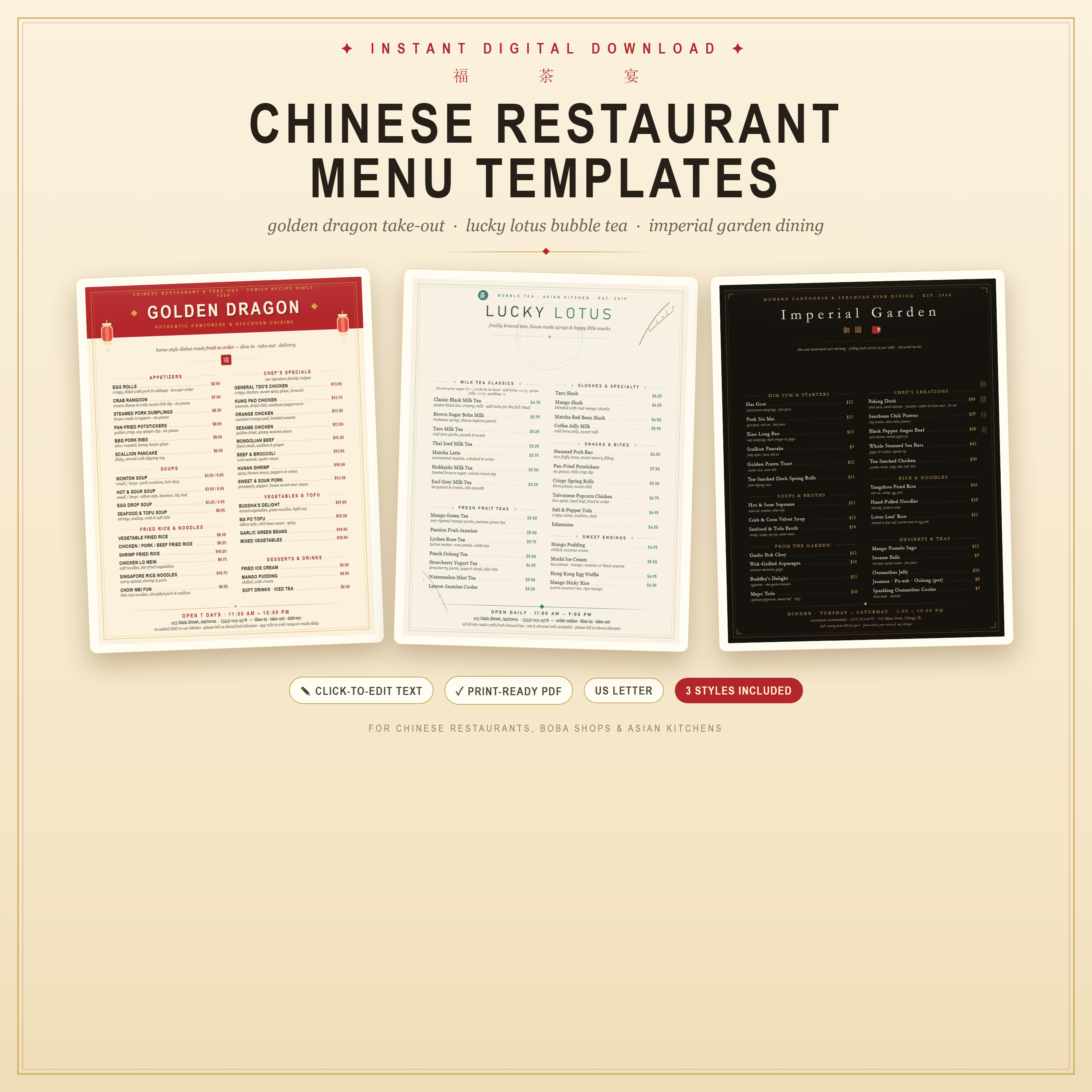 Chinese Restaurant Menu Template — 3 Editable Styles