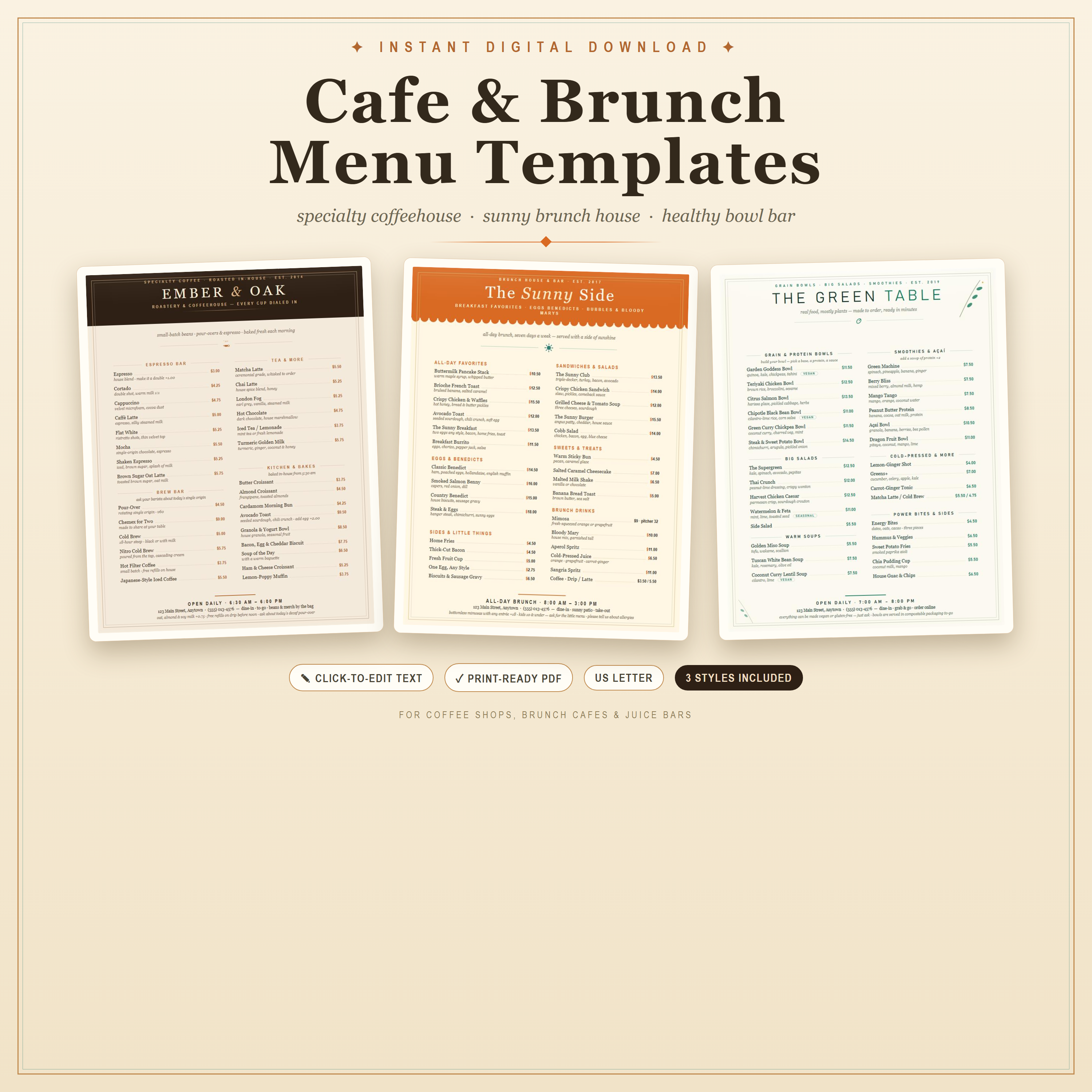 Cafe & Brunch Menu Template — 3 Editable Styles — preview 1