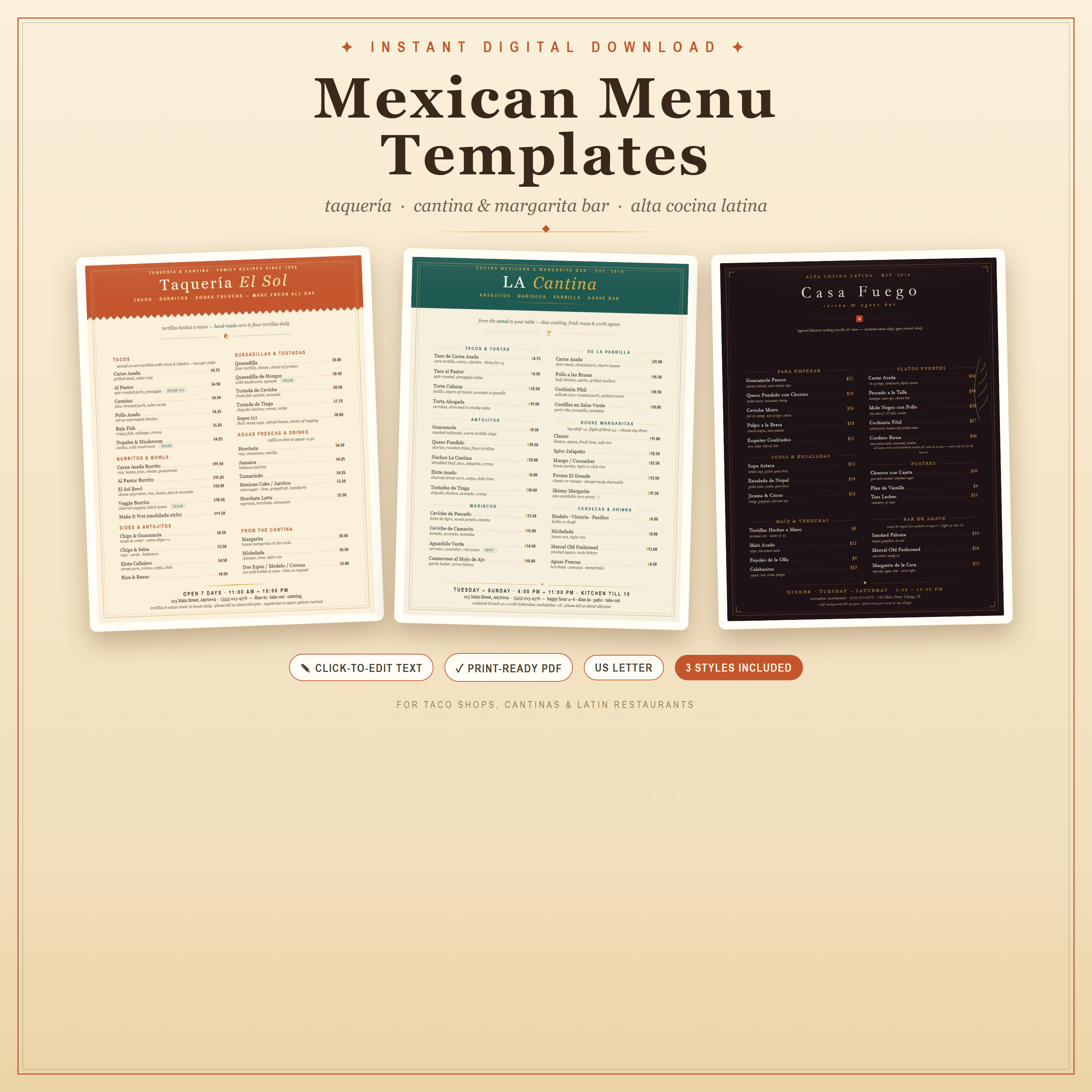 Mexican & Latin Menu Template — 3 Editable Styles