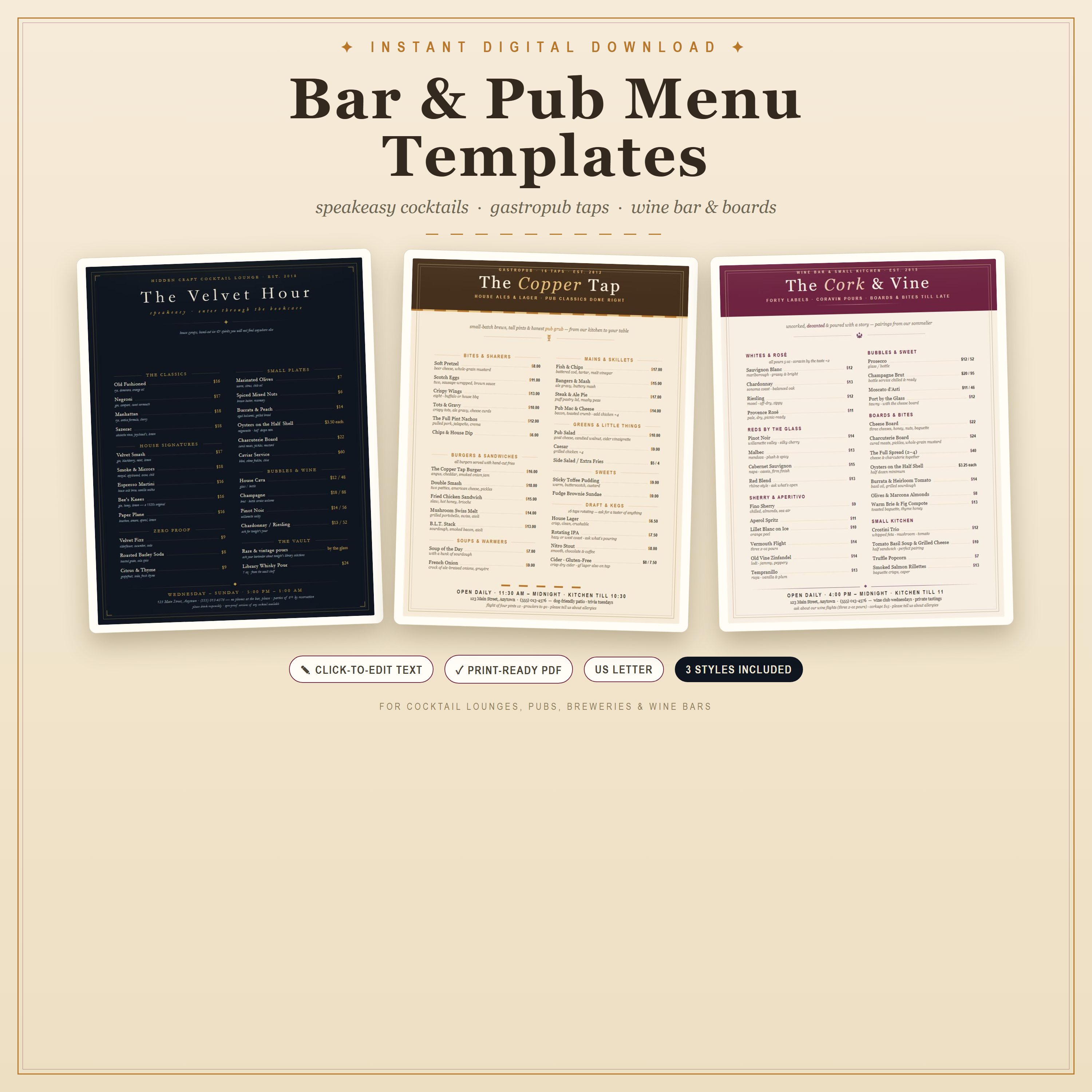 Bar & Pub Menu Template — 3 Editable Styles — preview 1